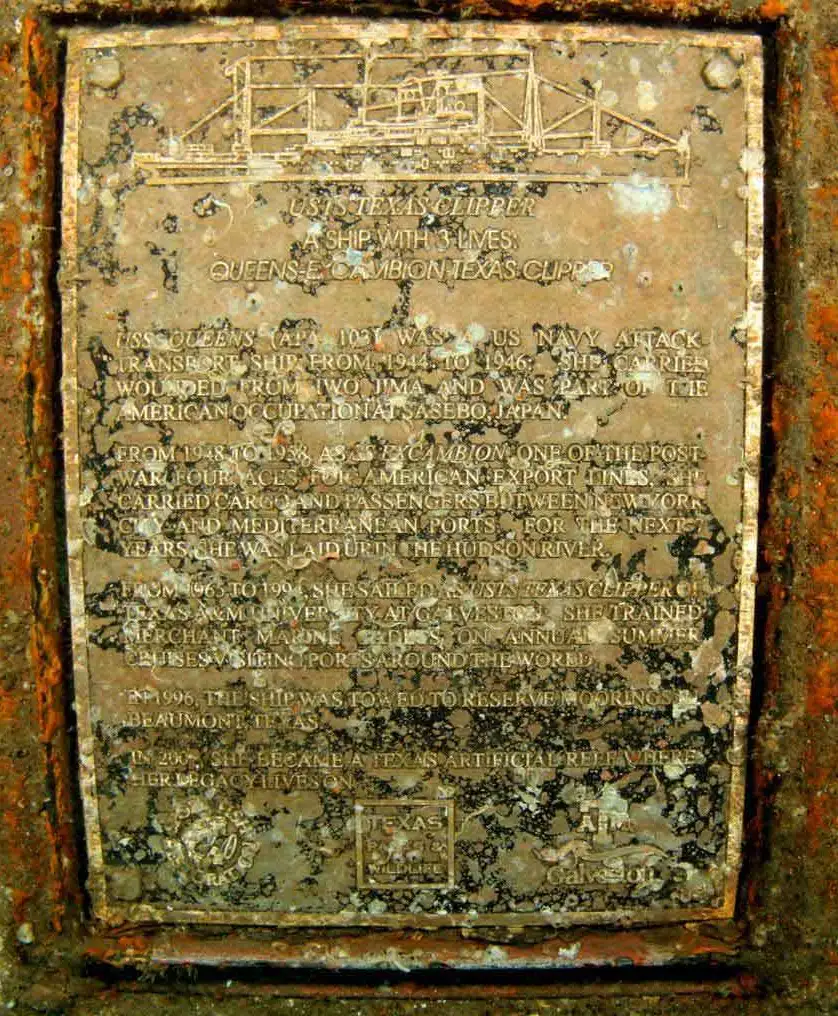 Commemorative plaque on the Texas Clipper hull reading A Ship with Three Lives